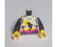 Torso with Yellow Sun, Black Dolphin, Dark Purple Palm Trees, Yellow, Dark Pink and Magenta Stripes Pattern / Black Arms / Yellow Hands