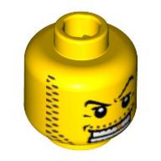 Minifigure, Head Male Arched Eyebrow, White Teeth with Gold Tooth, Coarse Stubble Pattern - Blocked Open Stud