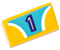 Slope 30 1 x 2 x 2/3 with 2 Yellow Quadrants, Curved White Stripes and Dark Purple Number 1 on Medium Azure Background Pattern (Sticker) - Set 41133