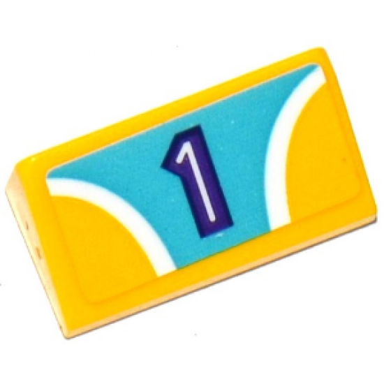 Slope 30 1 x 2 x 2/3 with 2 Yellow Quadrants, Curved White Stripes and Dark Purple Number 1 on Medium Azure Background Pattern (Sticker) - Set 41133