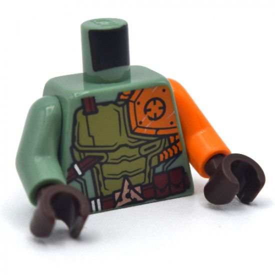 Torso Ninjago Olive Green and Orange Body Armor with Dark Red Belt and 3 Pouches Pattern / Orange Arm Left / Sand Green Arm Right / Dark Brown Hands