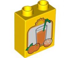 Duplo, Brick 1 x 2 x 2 with Oranges and Glass of Orange Juice with Green Straw Pattern