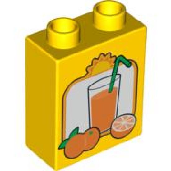 Duplo, Brick 1 x 2 x 2 with Oranges and Glass of Orange Juice with Green Straw Pattern