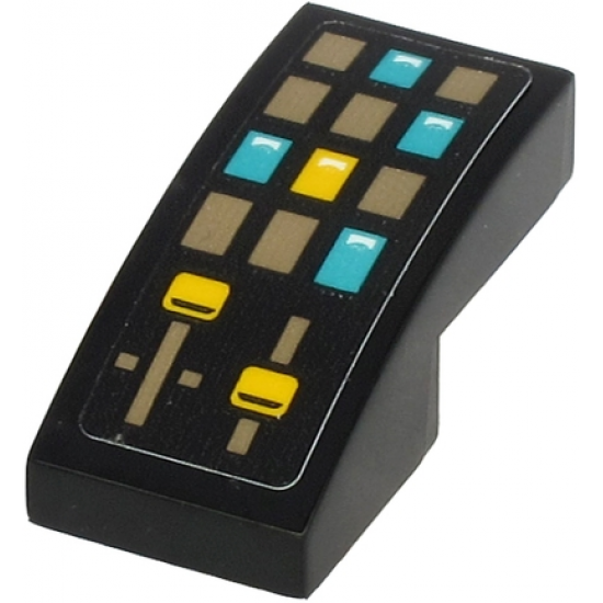 Slope, Curved 2 x 1 with Control Panel with Dark Tan, Dark Turquoise and Yellow Rectangle Buttons and Sliders Pattern (Sticker) - Set 71705