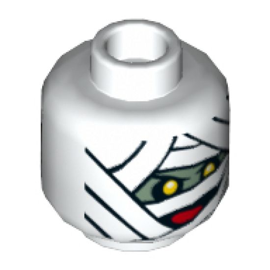 Minifigure, Head Dual Sided Alien Mummy Wraps, Yellow Eyes and Red Mouth / Black Eyebrows and Moustache Pattern - Hollow Stud