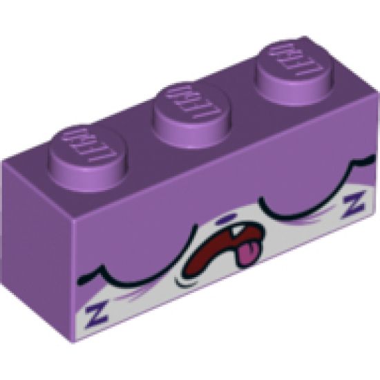 Brick 1 x 3 with Cat Face Wide Closed Eyes, Open Mouth with Tongue Hanging Out, and 2 Purple 'Z's Pattern (Sleepy Unikitty)