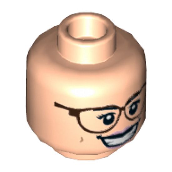 Minifigure, Head Dual Sided Female Reddish Brown Glasses, Bright Pink Lips, Open Smile / Smirk Pattern (Abby Yates) - Hollow Stud