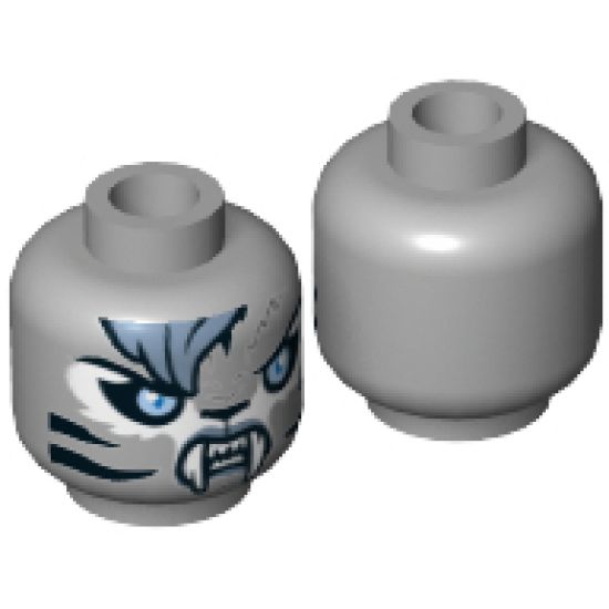 Minifigure, Head Alien Chima Tiger Female with Fangs, Stripes, Sand Blue Fur and Light Blue Eyes Pattern (Sibress) - Hollow Stud