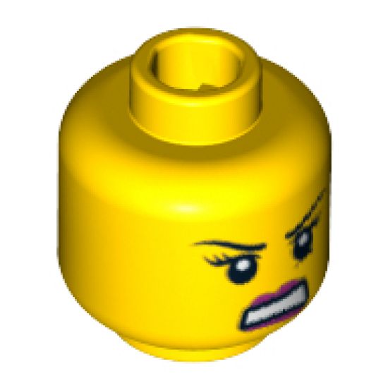 Minifigure, Head Female with Dark Pink Lips, Black Eyelashes and Angry Eyebrows, Crease under Eye, White Teeth Pattern - Blocked Open Stud