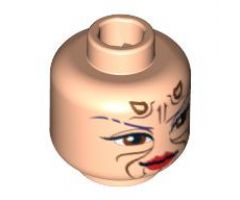 Minifigure, Head Dual Sided Alien with SW Sugi, Large Brown Eyes, Red Lips and Cheek Lines / Purple Hair Pattern - Hollow Stud