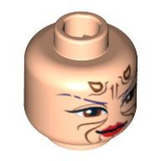 Minifigure, Head Dual Sided Alien with SW Sugi, Large Brown Eyes, Red Lips and Cheek Lines / Purple Hair Pattern - Hollow Stud