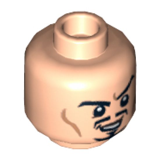 Minifigure, Head Dual Sided Moustache, Goatee and Cheek Lines, Sneer / Scared Pattern - Hollow Stud