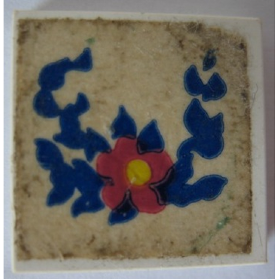Tile 2 x 2 without Groove with Flower and Blue Leaves Pattern (Sticker) - Set 270-2