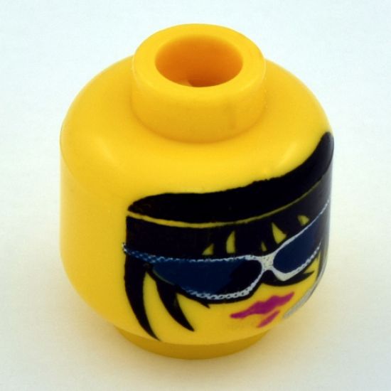 Minifigure, Head Female with Blue Sunglasses, Headset, Long Hair and Red Lips Pattern (Radia) - Blocked Open Stud