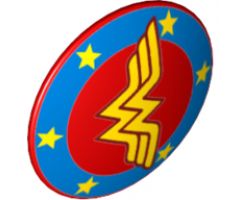 Minifigure, Shield Round with Rounded Front with Blue Border with Bright Light Orange Stars and 'WW' Pattern
