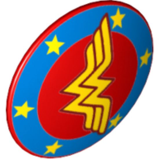 Minifigure, Shield Round with Rounded Front with Blue Border with Bright Light Orange Stars and 'WW' Pattern