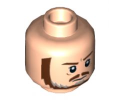 Minifigure, Head Dual Sided Brown and Gray Beard, Brown Eyebrows, Moustache, White Pupils, Frown / Scared Pattern (SW Qui-Gon) - Hollow Stud
