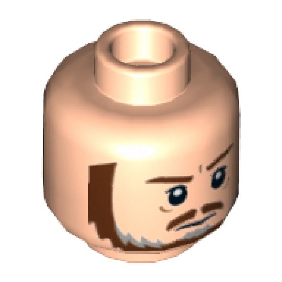 Minifigure, Head Dual Sided Brown and Gray Beard, Brown Eyebrows, Moustache, White Pupils, Frown / Scared Pattern (SW Qui-Gon) - Hollow Stud
