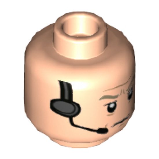 Minifigure, Head Dual Sided Dark Tan Eyebrows, Wrinkles, Headset, Frown / Smile Pattern - Hollow Stud