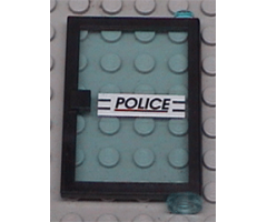 Door 1 x 4 x 5 Right with Trans-Light Blue Glass and 'POLICE' Red Line Pattern (Sticker) - Set 6598