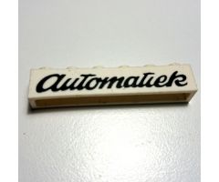 Brick 1 x 6 without Bottom Tubes with Cross Side Supports with Black 'Automatiek' Cursive Pattern