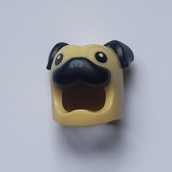 Minifigure, Headgear Head Cover, Costume Pug Dog with Black Ears, Eyes and Muzzle Pattern