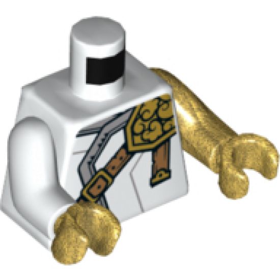 Torso Ninjago Robe with Light Bluish Gray Hem, Gold Left Pauldron and Nougat Crossbelt Pattern / Pearl Gold Arm Left / White Arm Right / Pearl Gold Hands
