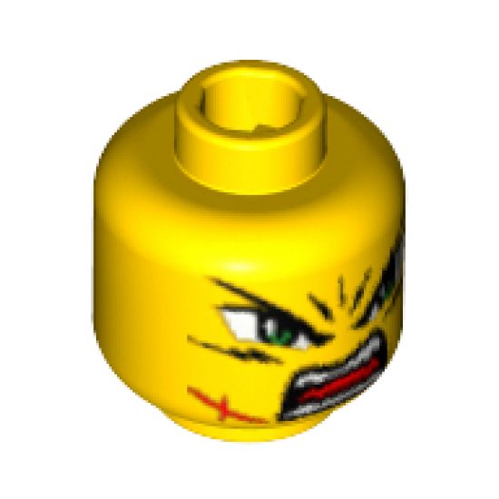 Minifigure, Head Dual Sided Exo-Force Green Eyes with Frown and Scar / Open Mouth Pattern (Takeshi) - Blocked Open Stud