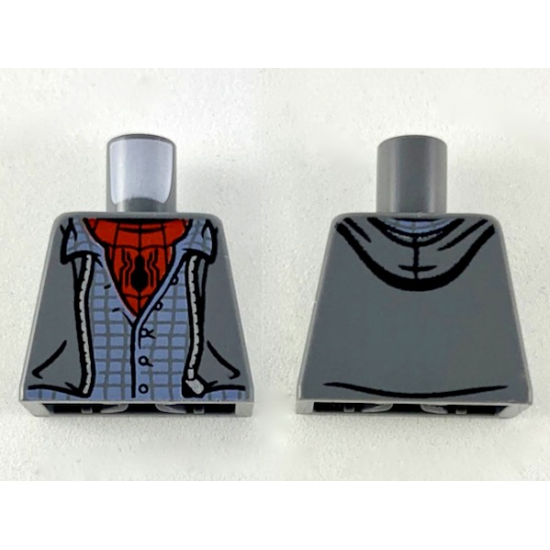 Torso Jacket with Hood, Silver Zipper, Sand Blue Shirt, Red Undershirt with Black Spider and Webs Pattern