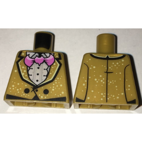 Torso Jacket with White Speckles over Ruffled Shirt, Pink Bat Bow Tie, Two Black Buttons Pattern