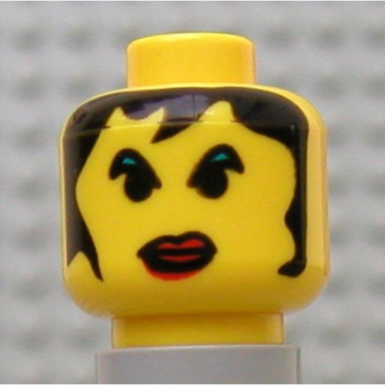 Minifigure, Head Female with Red Lips Large, Green Eyebrows, and Long Hair Pattern - Blocked Open Stud