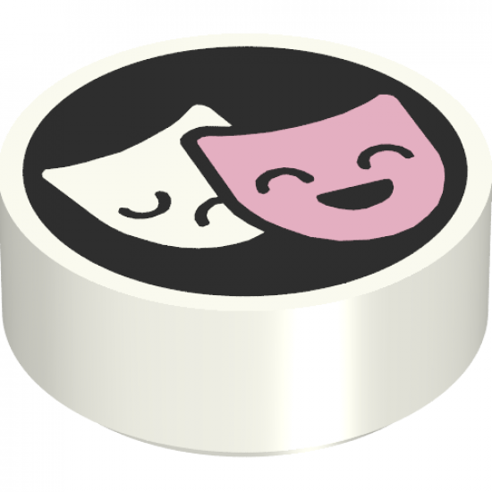 Tile, Round 1 x 1 with White and Bright Pink Tragedy/Comedy Theater Masks on Black Background Pattern