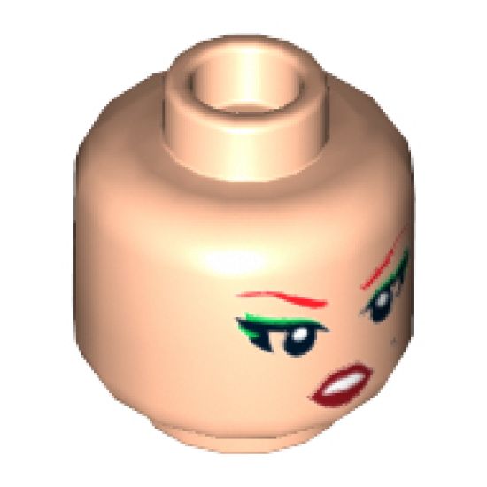 Minifigure, Head Dual Sided Female Red Eyebrows, Green Eye Shadow, Worried / Pursed Lips Pattern - Hollow Stud