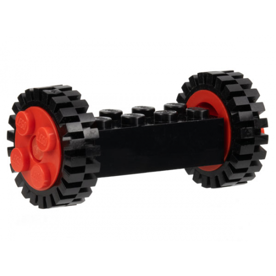 Wheel & Tire Assembly Brick, Modified 2 x 4 with Wheels, FreeStyle Red Wheels and Pins with 2 Black Tire 24mm D. x 8mm Offset Tread - Interior Ridges (4180c02 / 3483)
