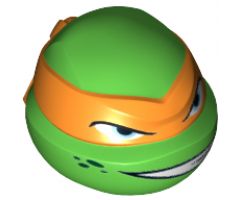 Minifigure, Head, Modified Ninja Turtle with Orange Mask and Sneer Pattern (Michelangelo)