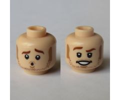 Minifigure, Head Dual Sided Medium Nougat Sideburns, Moustache, and Stubble, Smile / Scared Pattern (Owen Grady) - Hollow Stud