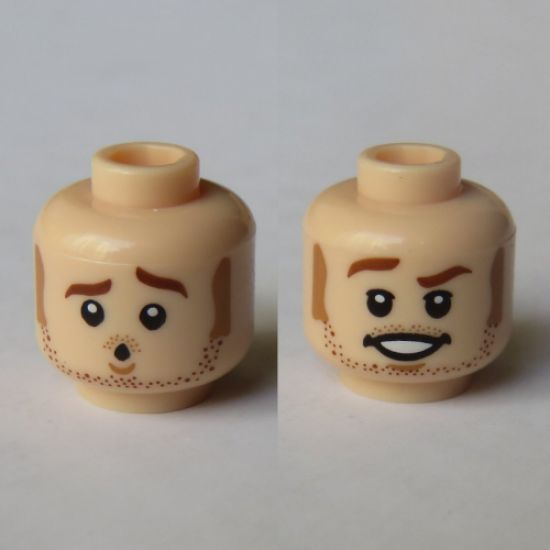 Minifigure, Head Dual Sided Medium Nougat Sideburns, Moustache, and Stubble, Smile / Scared Pattern (Owen Grady) - Hollow Stud