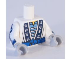 Torso Ninjago Robe with Ninjago Elemental Logogram, Blue Sash Pattern / White Arms with Dark Blue Cuff, Silver Trim Pattern / Light Bluish Gray Hands