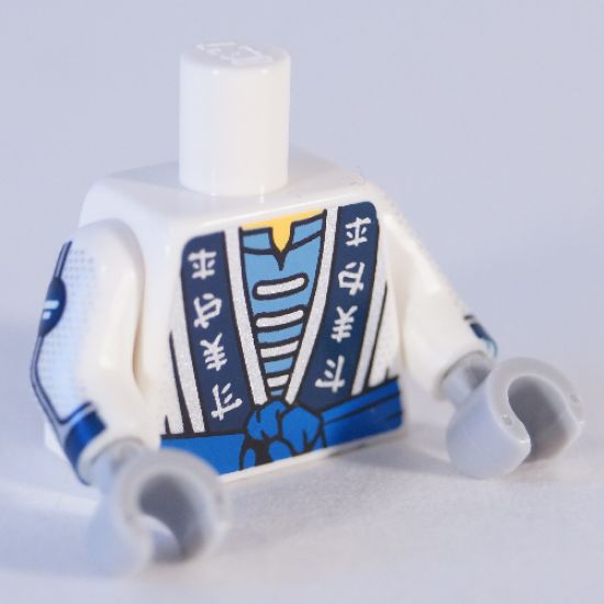 Torso Ninjago Robe with Ninjago Elemental Logogram, Blue Sash Pattern / White Arms with Dark Blue Cuff, Silver Trim Pattern / Light Bluish Gray Hands