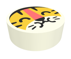 Tile, Round 1 x 1 with Yellow Tiger Face with Black Closed Eyes, Hair, Nose, and Whiskers, and Orange Stripe Pattern