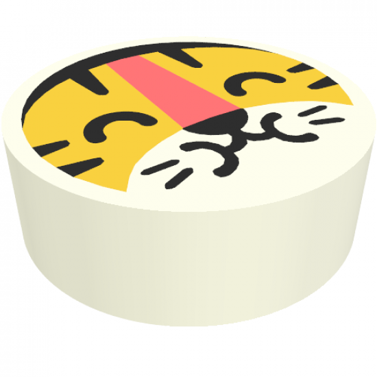 Tile, Round 1 x 1 with Yellow Tiger Face with Black Closed Eyes, Hair, Nose, and Whiskers, and Orange Stripe Pattern