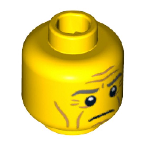 Minifigure, Head Male Gray Eyebrows, Wrinkles, Downturned Mouth Pattern - Blocked Open Stud