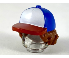 Minifigure, Hair Combo, Hair with Hat, Bushy Hair with Blue Ball Cap with White Front and Red Bill Pattern