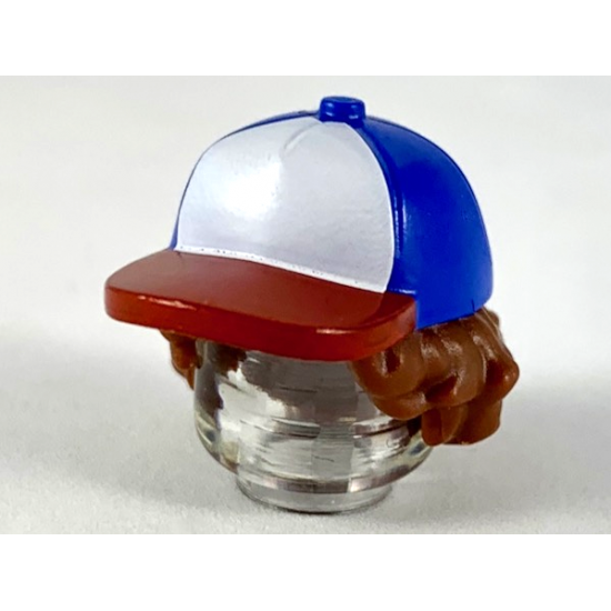 Minifigure, Hair Combo, Hair with Hat, Bushy Hair with Blue Ball Cap with White Front and Red Bill Pattern