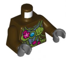 Torso Gorilla with Leaf Top and Belt, Pink Flowers and Blue Round Jewel (Chi) Pattern / Dark Brown Arms / Dark Bluish Gray Hands