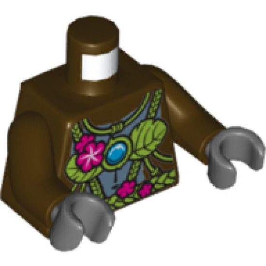 Torso Gorilla with Leaf Top and Belt, Pink Flowers and Blue Round Jewel (Chi) Pattern / Dark Brown Arms / Dark Bluish Gray Hands