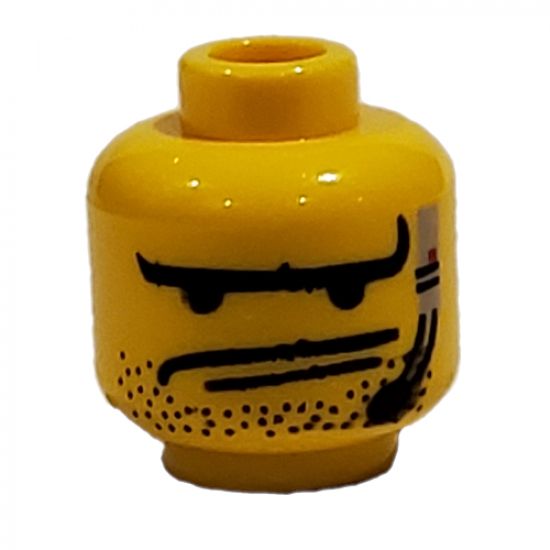 Minifigure, Head Male Long Eyebrows, 2 Lines Mouth, Stubble and Headset Pattern - Blocked Open Stud