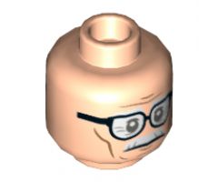 Minifigure, Head Dual Sided Black Frame Glasses, White Moustache, Wrinkles, Cheek Lines, Smile / Frown Pattern (Alfred) - Hollow Stud