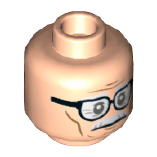 Minifigure, Head Dual Sided Black Frame Glasses, White Moustache, Wrinkles, Cheek Lines, Smile / Frown Pattern (Alfred) - Hollow Stud