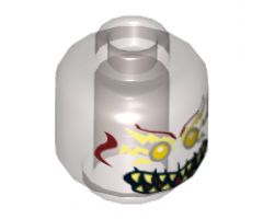 Minifigure, Head Alien with Yellowish Green Lightning Bolts around Gold Eyes, Dark Red Face Lines, Fangs Pattern (Mayhem) - Hollow Stud